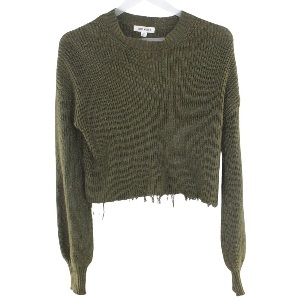 Steve Madden Distressed Cropped Sweater Size S Olive Green Ribbed Knit